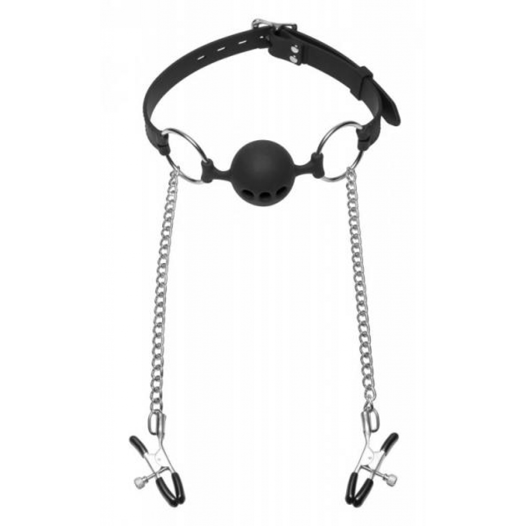 Hinder Breathable Ball Gag with Nipple Clamps - Silver