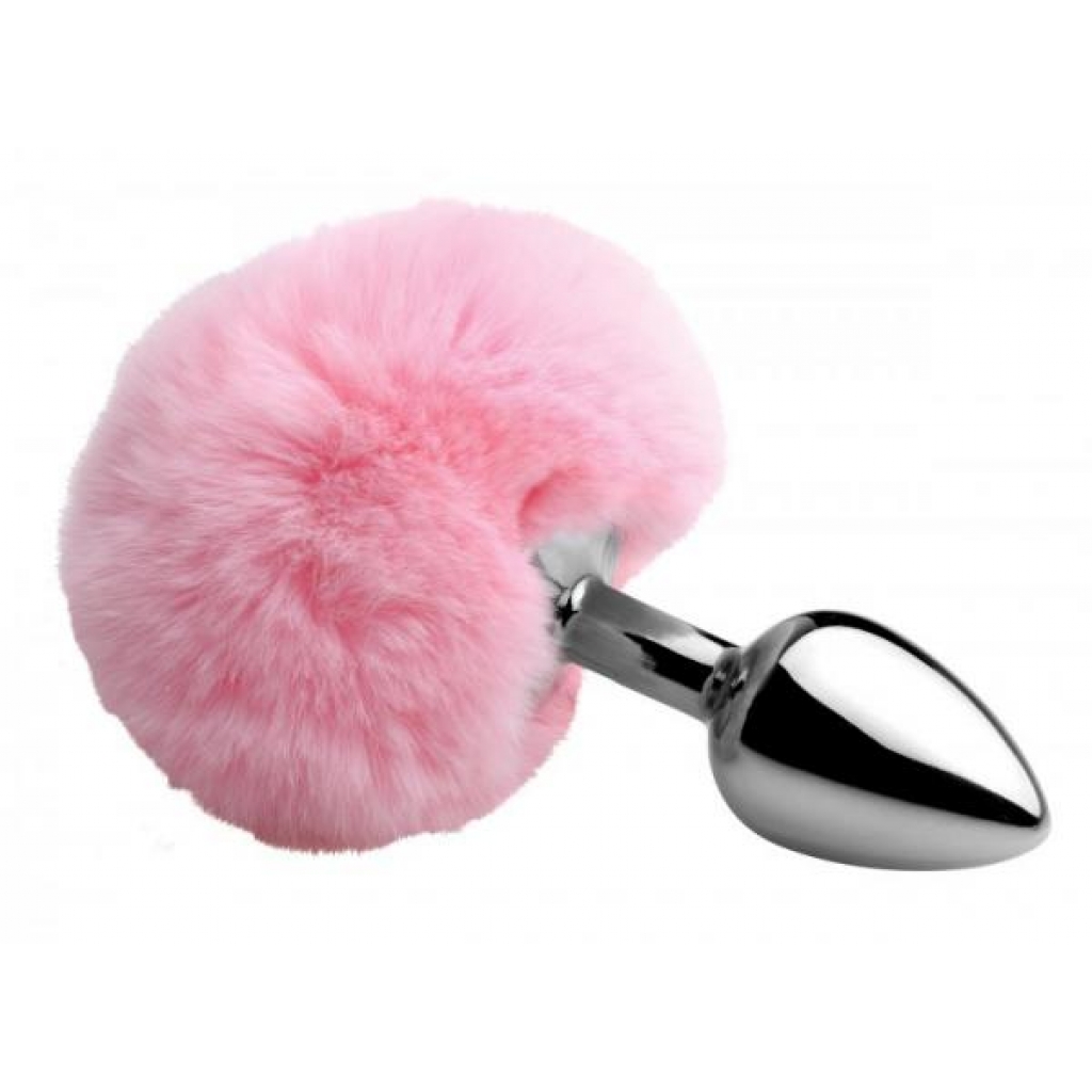 Fluffy Bunny Tail Anal Metal Butt Plug - Pink Silver