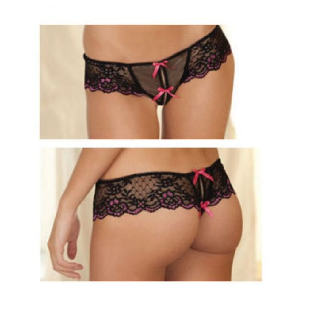 Crotchless Lace Thong with Bows - Black - M/L