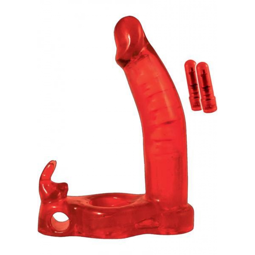 Double Penetrator Rabbit Cockring - Vibrating and Waterproof, Red