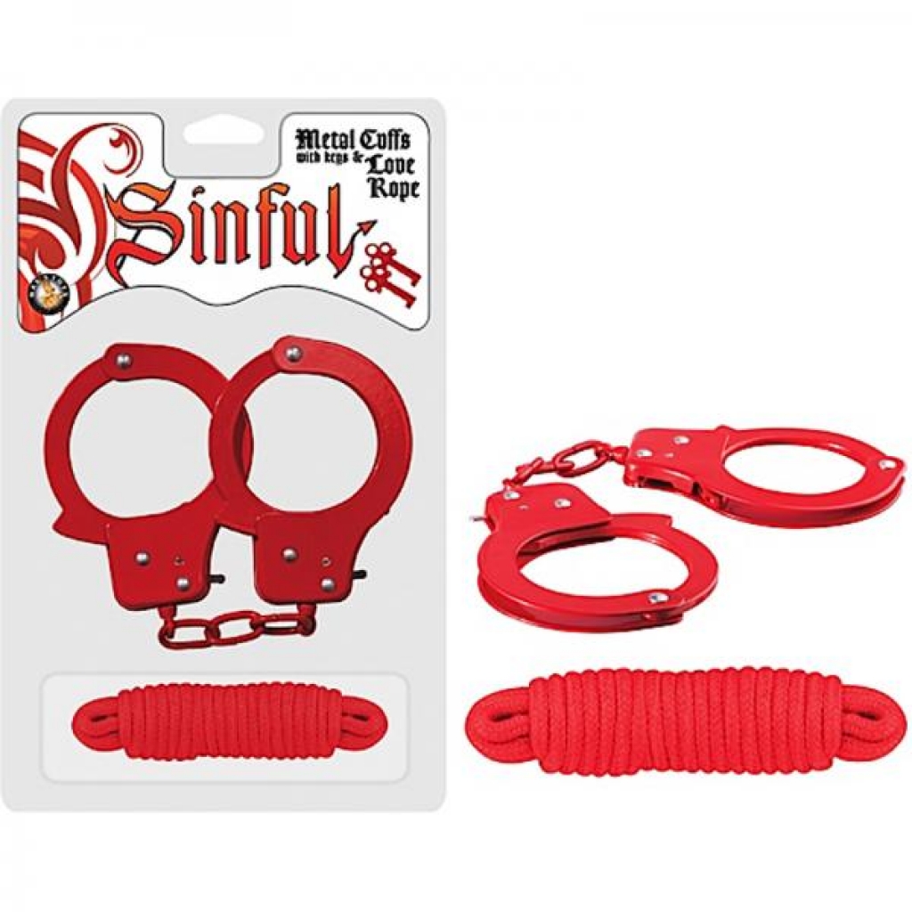 Sinful Metal Cuffs with Keys and Love Rope - Red