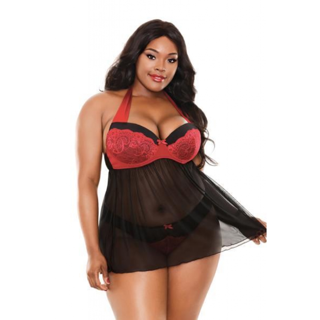 Sophia Halter Babydoll & Panty - Black Red 3X/4X