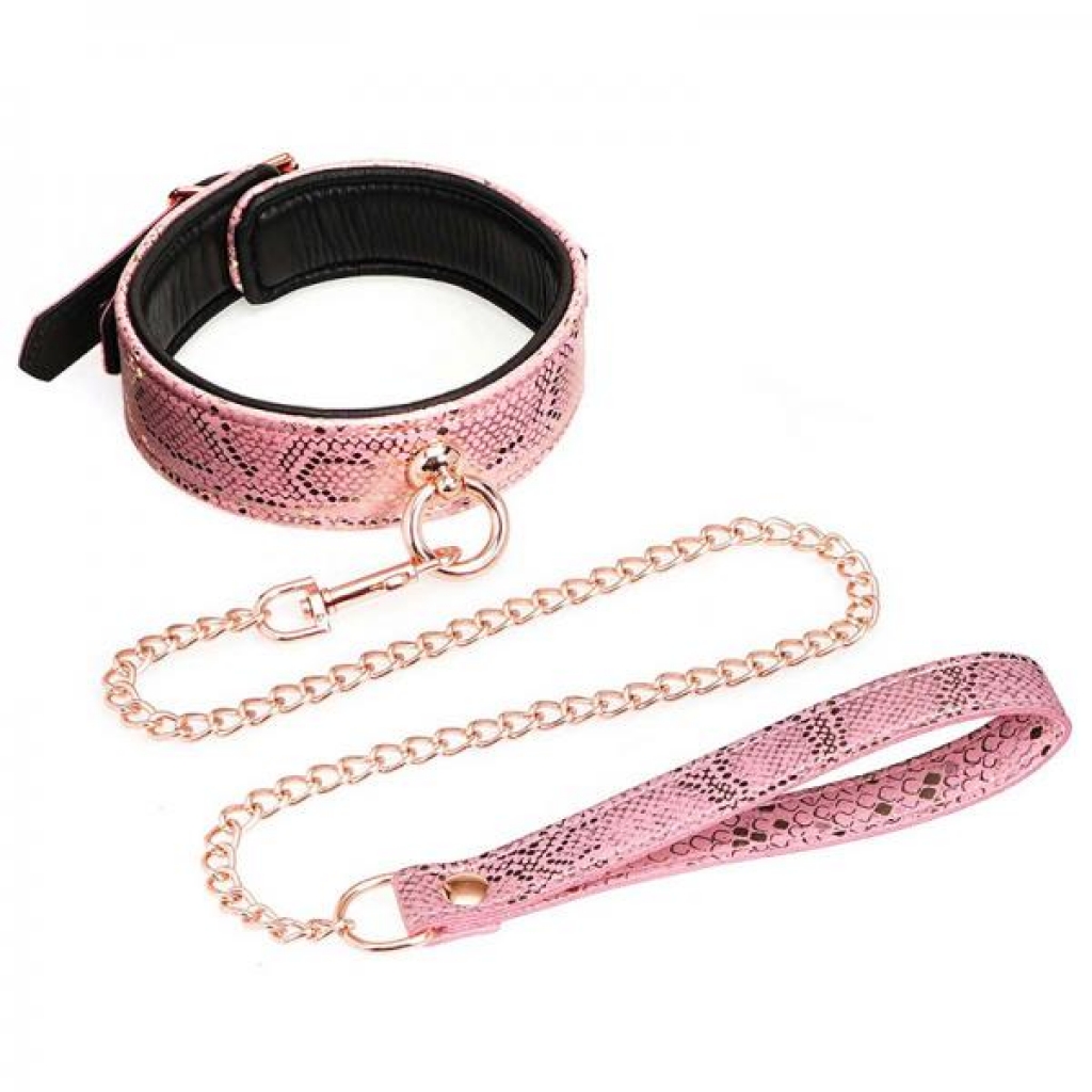 Stylish Collar and Leash Set in Pink Snake Print