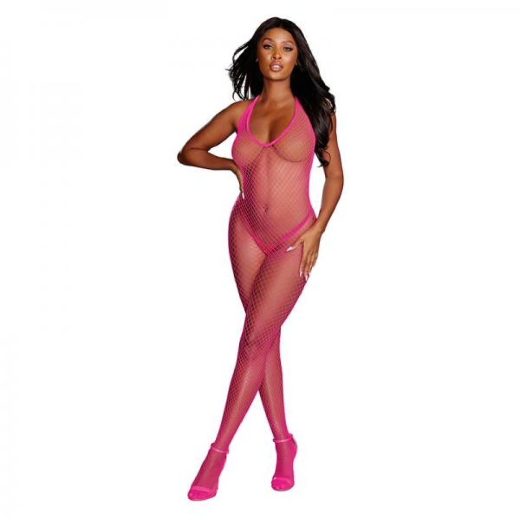 Dreamgirl Diamond-net Halter Bodystocking - Open Crotch - Neon Pink