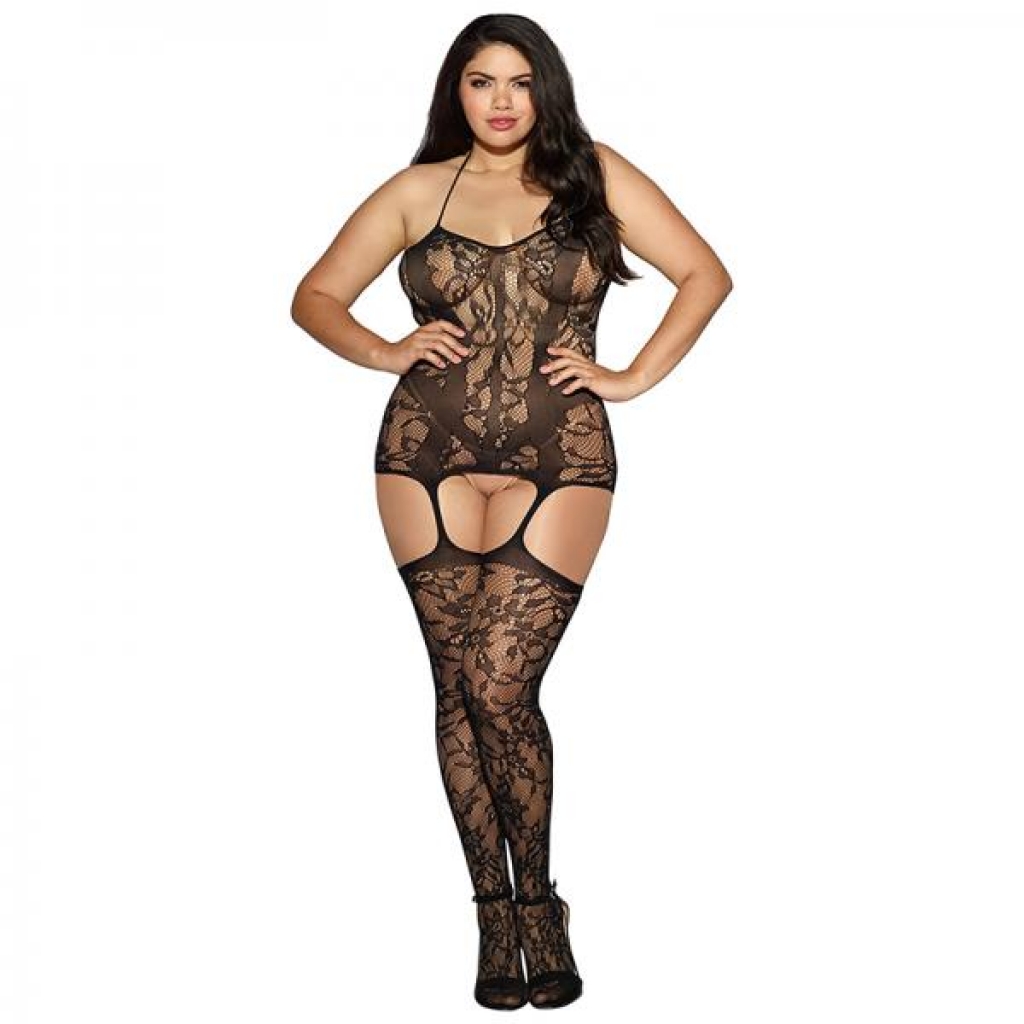 Dreamgirl Lace Fishnet Halter Garter Dress - Black Queen