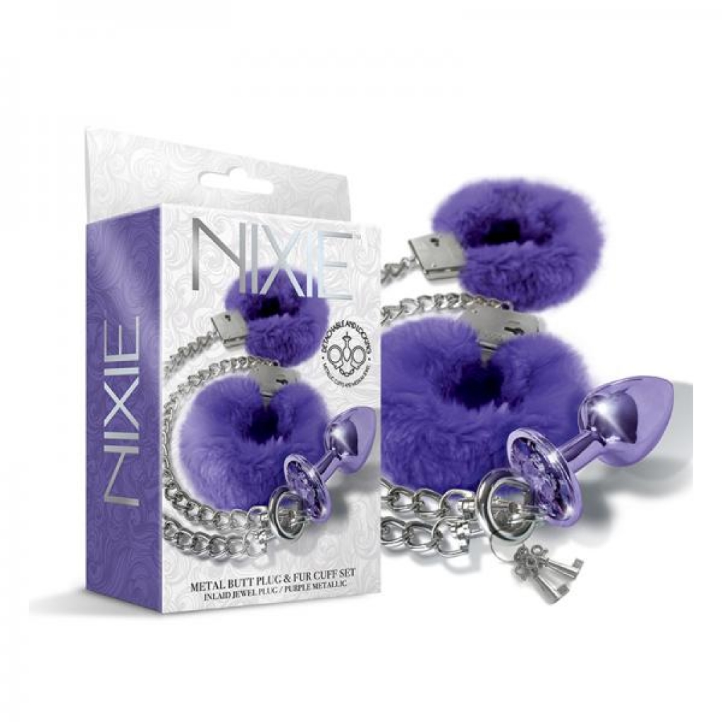 Nixie Metal Butt Plug & Furry Handcuff Set - Medium Purple Metallic