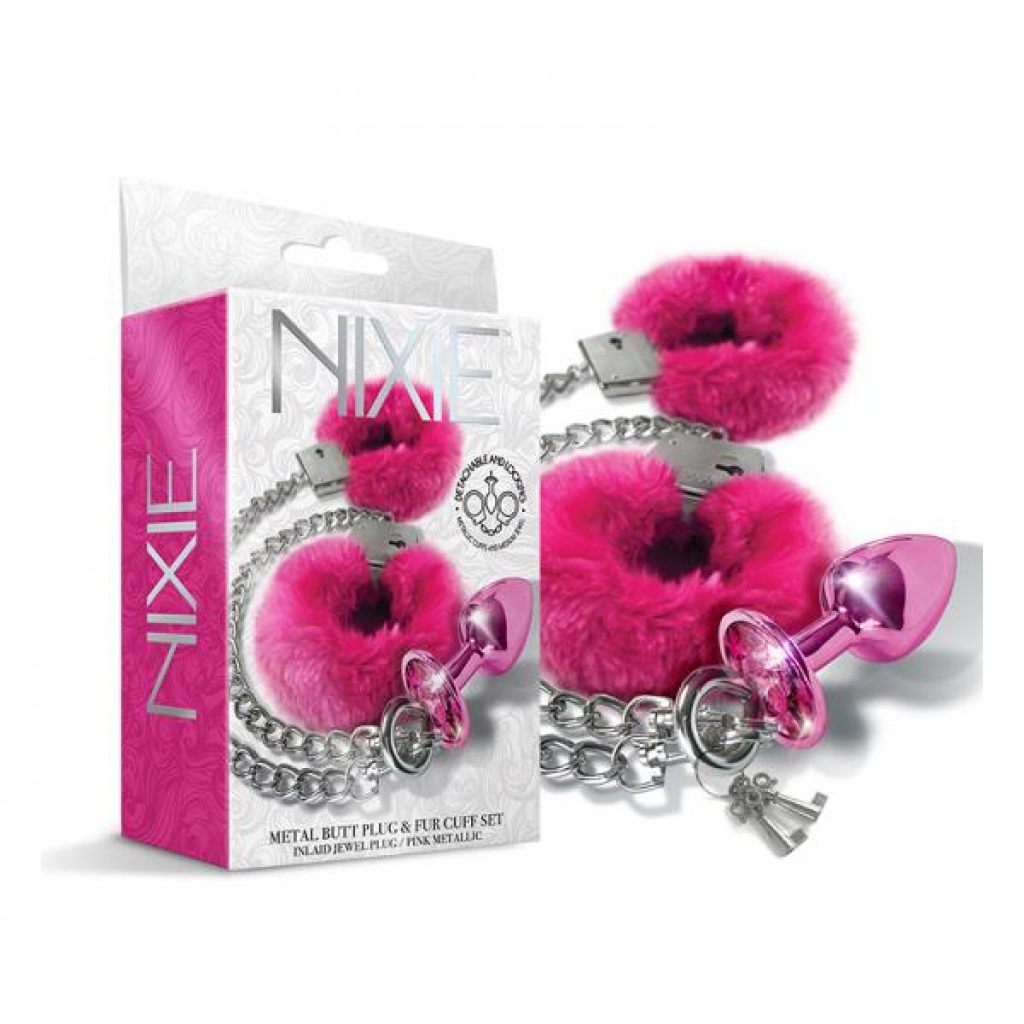 Nixie Metal Butt Plug & Furry Handcuff Set - Medium Pink Metallic