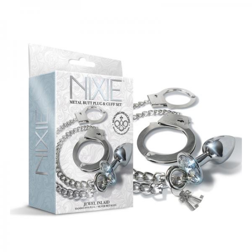 Nixie Metal Butt Plug & Handcuffs Set - Elegant Silver