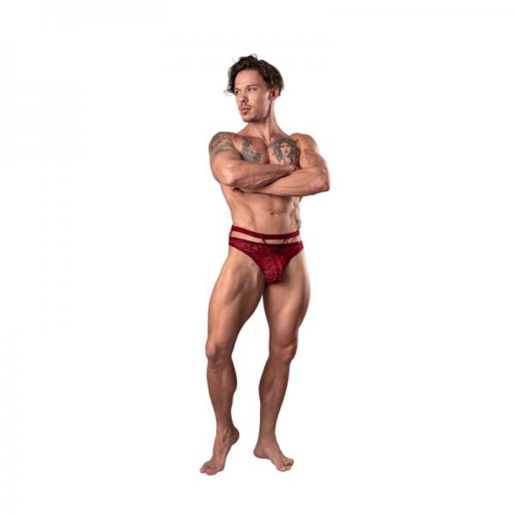 Male Power Lucifer Cut-Out Strappy Thong - Burgundy L/XL