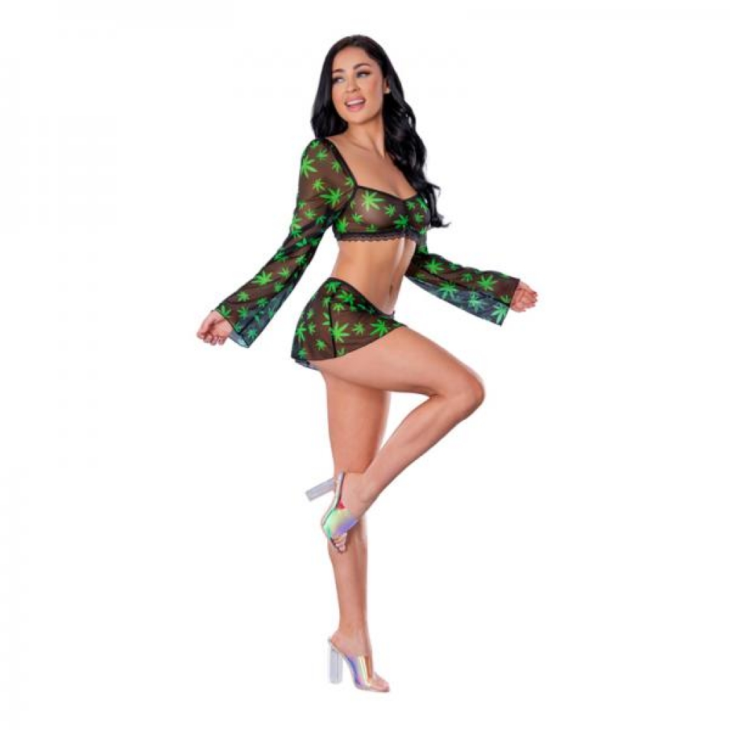 Hazy Dayz Crop Top, Skirt & G-string Set - Pot Leaf L/XL