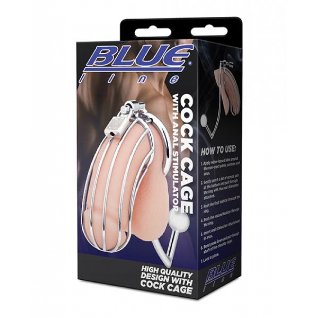 Blue Line Cock Cage With Anal Stimulator - Silver