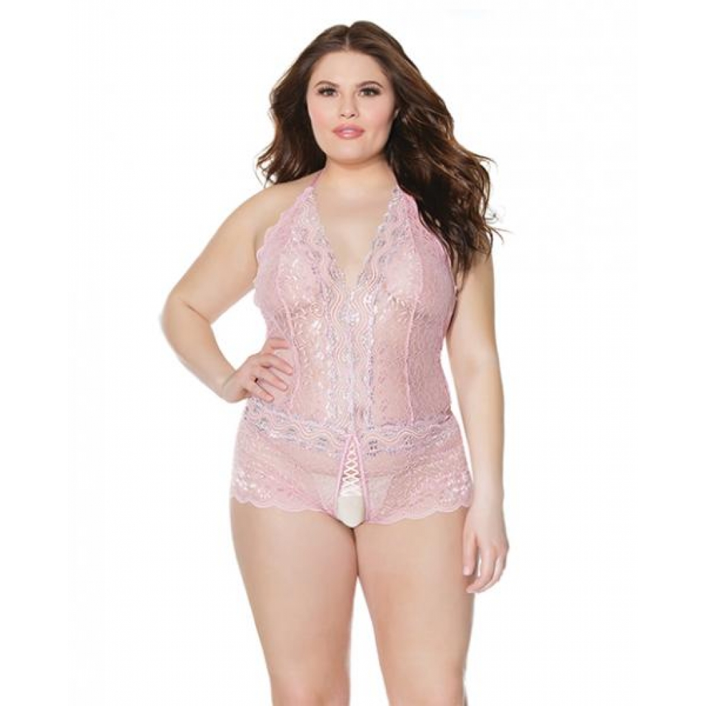 Crystal Pink Halter Crotchless Teddy in Pink/Silver