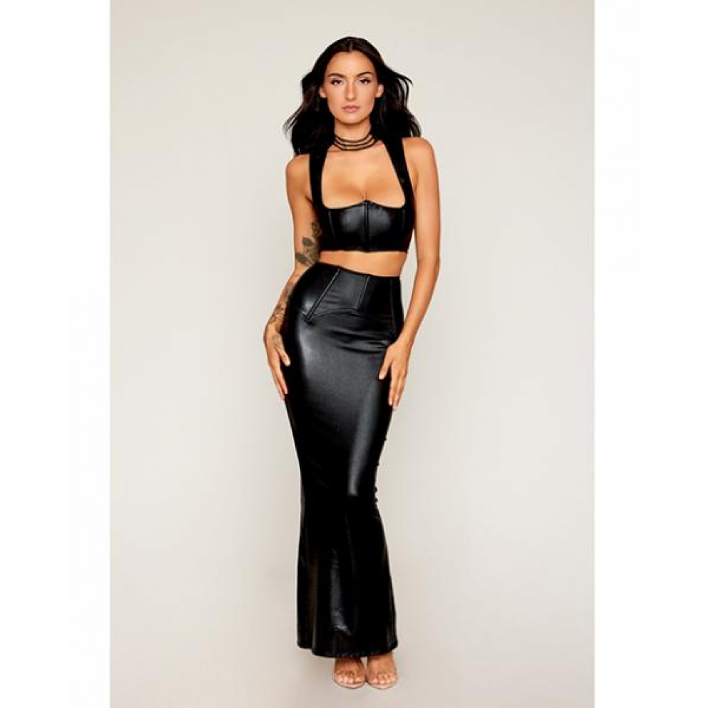 Stretch Faux Leather Harness Bra & Slip Skirt - Black