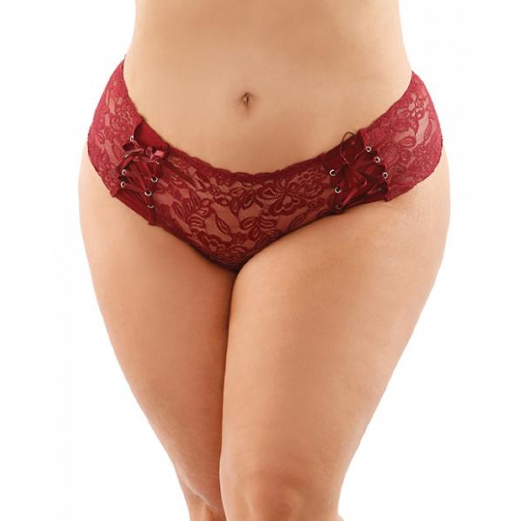 Bottoms Up Magnolia Stretch Lace Crotchless Panty - Garnet Qn