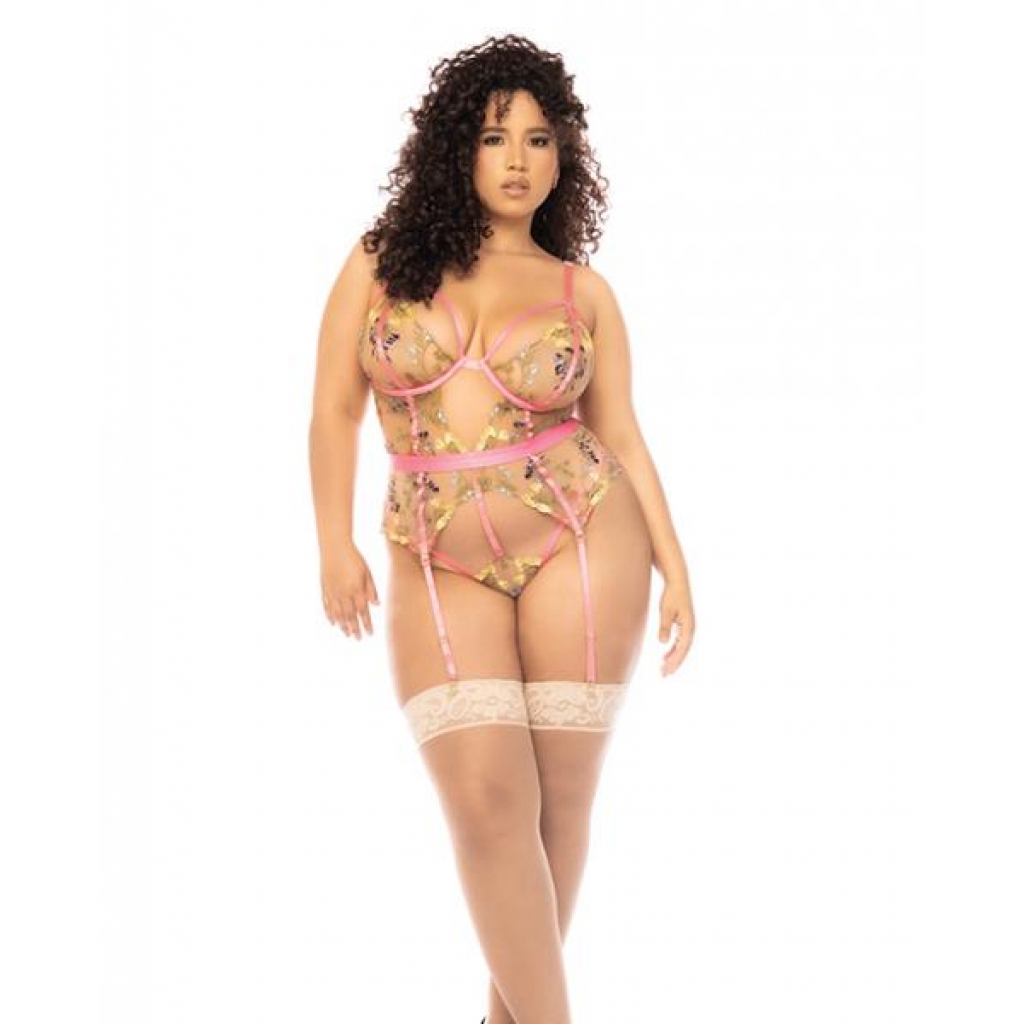 Floral Embroidered Lace Teddy with Underwire and Garters