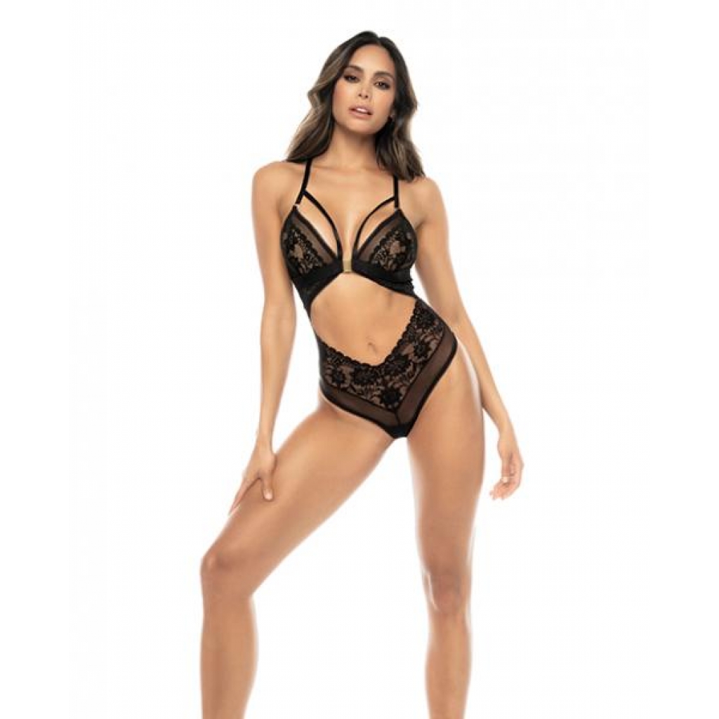 Lace & Mesh Teddy with Front Clasp - Black S/M