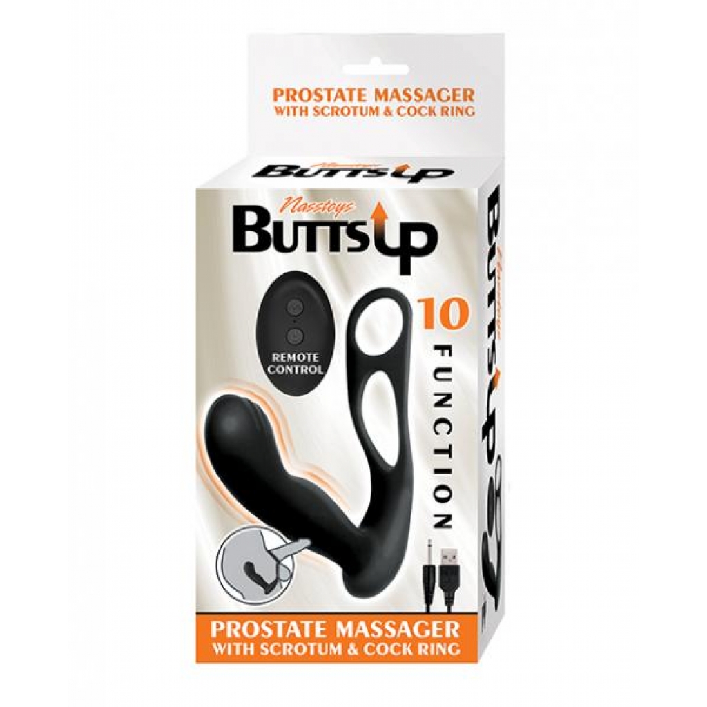 Butts Up Prostate Massager - Black with Scrotum and Cockring