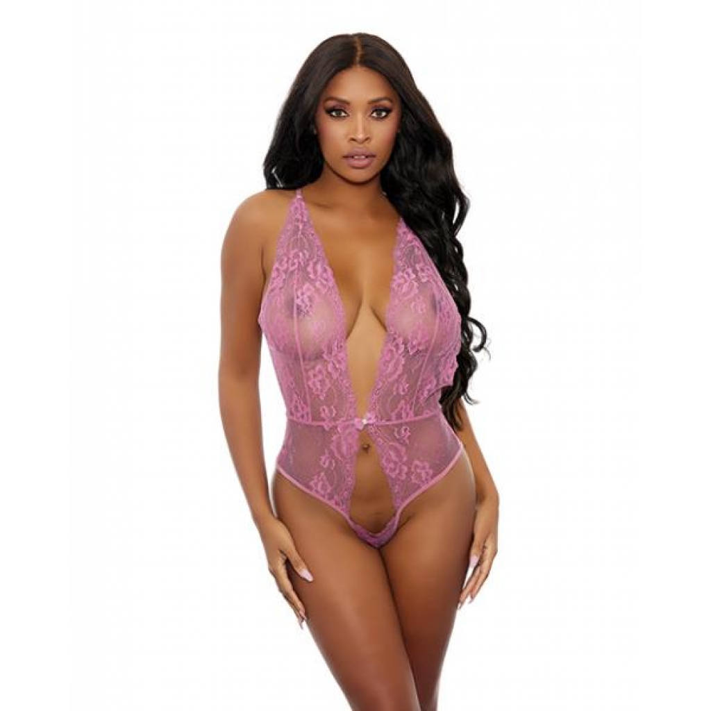 Sheer Lace Open Teddy - Elegant Pink