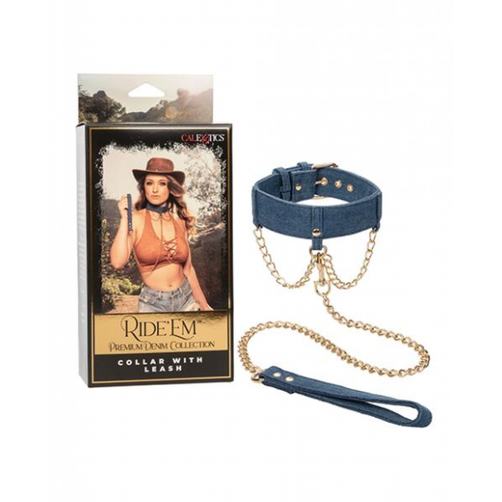 Ride 'em Premium Denim Collection Collar with Leash - Gold