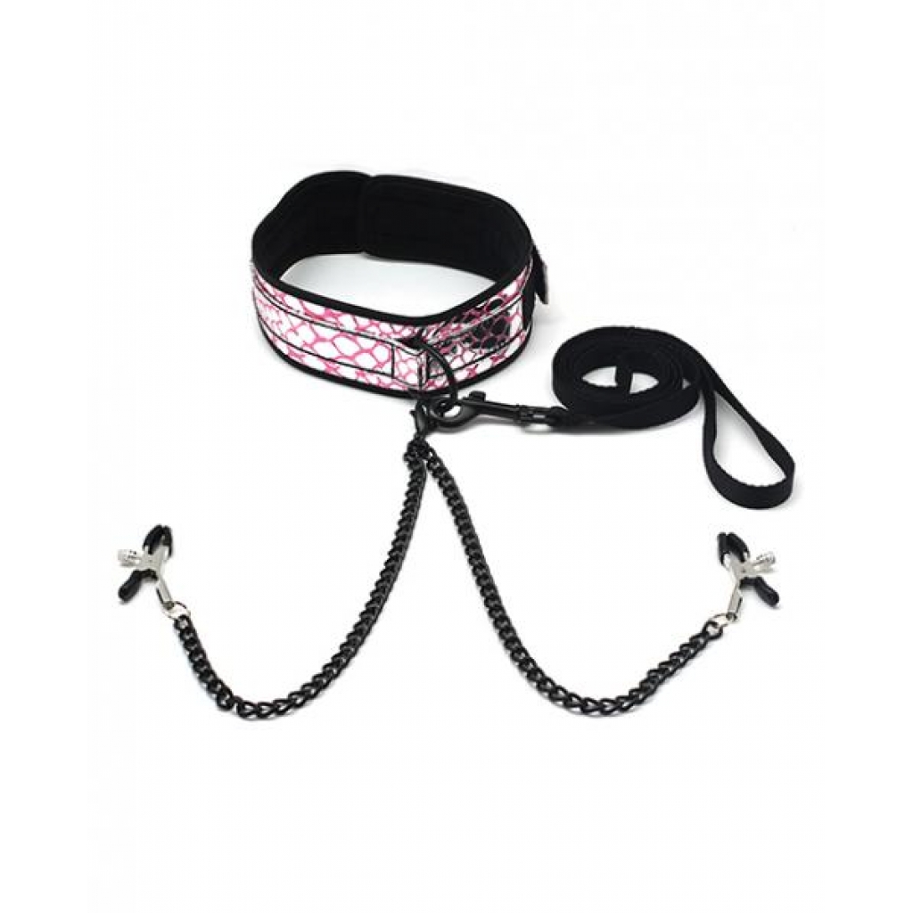 Spartacus Faux Leather Collar & Leash with Nipple Clamps - Black/Pink