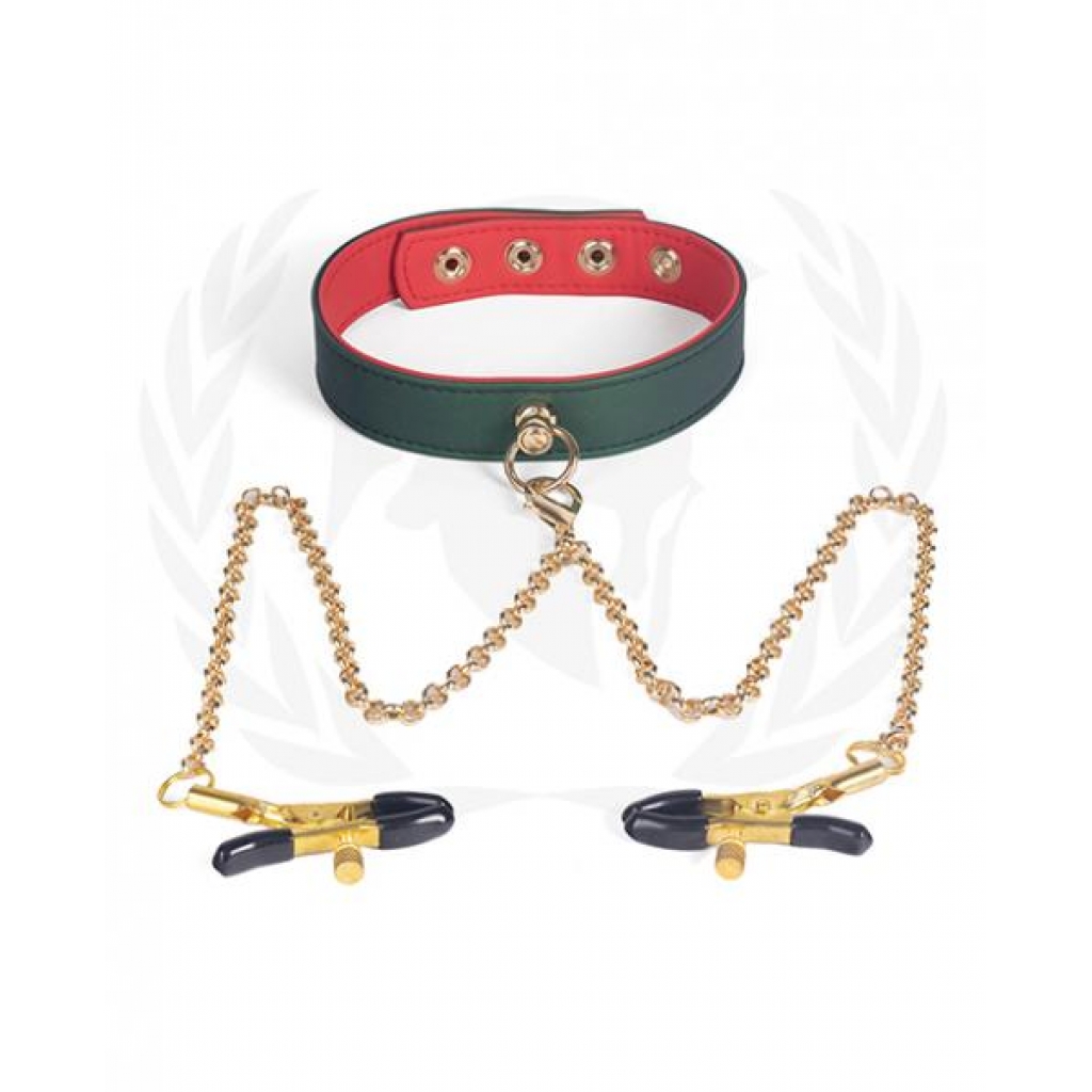 Spartacus PU Collar with Nipple Clamps - Green/Red