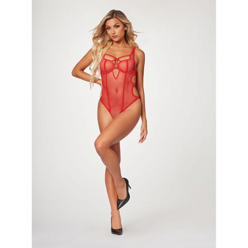 Fishnet Strappy High Cut Leg Teddy - Red (Large)