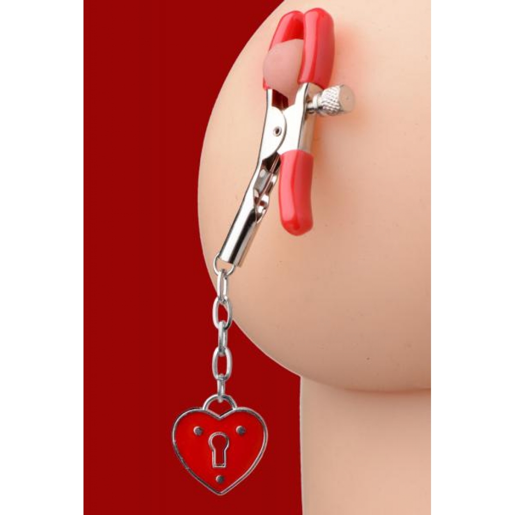 Captive Heart Padlock Nipple Clamps - Red