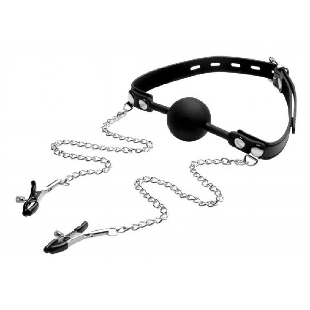 Strict Silicone Ball Gag with Nipple Clamps - Black