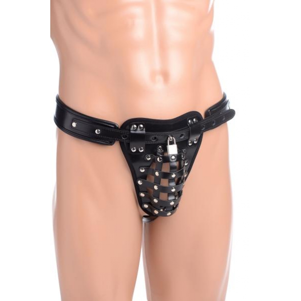 Netted Male Chastity Jock - Black Leather