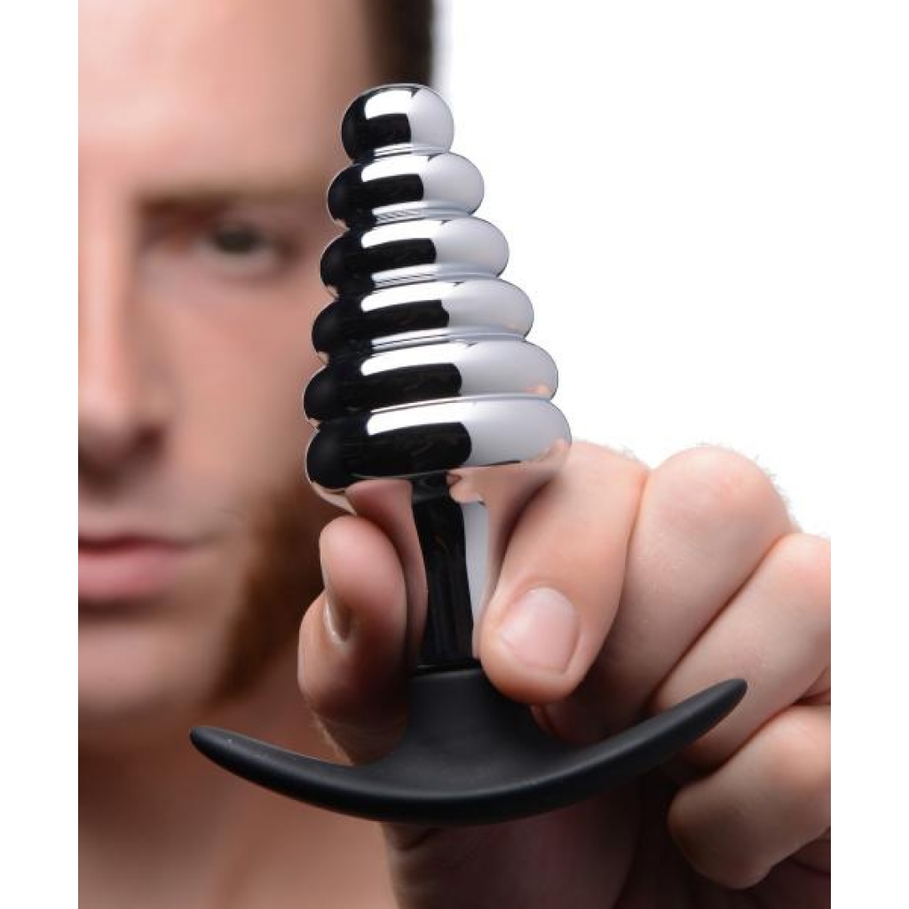 Dark Hive Metal, Silicone Ribbed Anal Plug - Silver