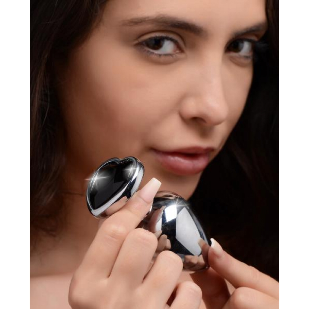 Large Black Heart Gem Anal Plug - Silver