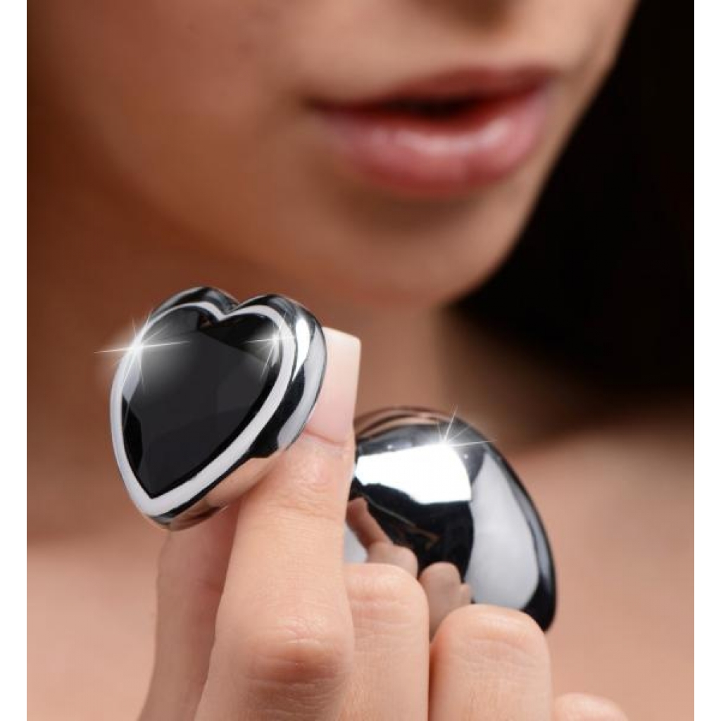 Black Heart Gem Anal Plug - Medium Silver