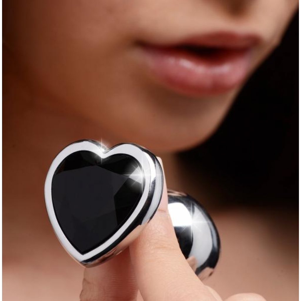 Black Heart Gem Anal Plug - Small Silver