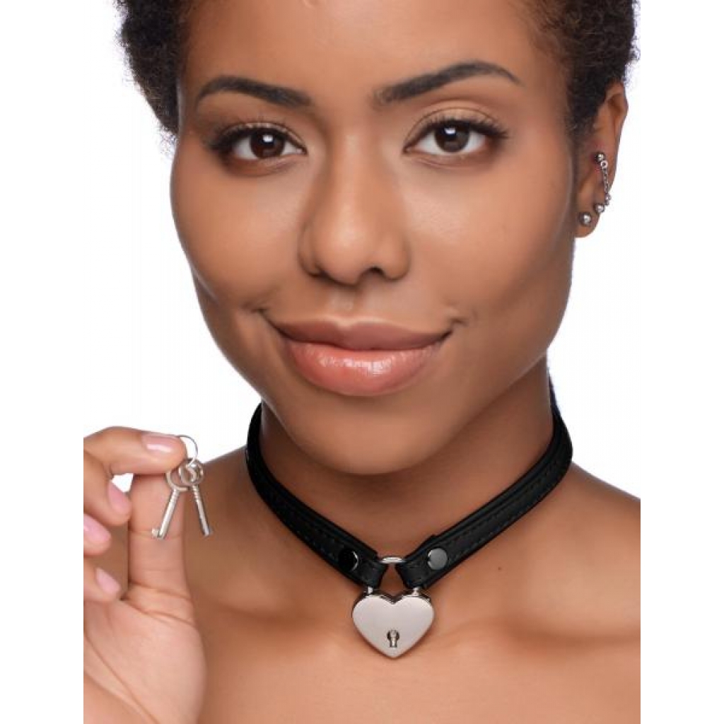 Heart Lock Leather Choker - With Lock and Key - Black