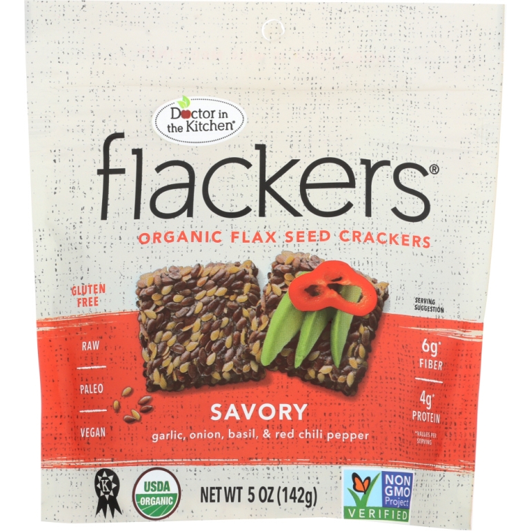 Flackers Flax Seed Crackers Savory Garlic-Onion-Basil and Red Chile Pepper, 5 oz