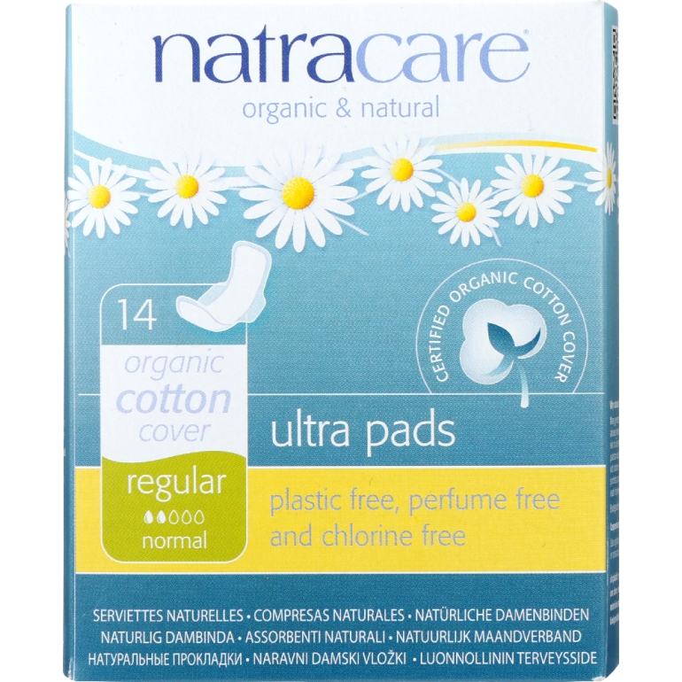 Organic and Natural Ultra Pads Regular with Wings Cotton Cover, 14 Pads