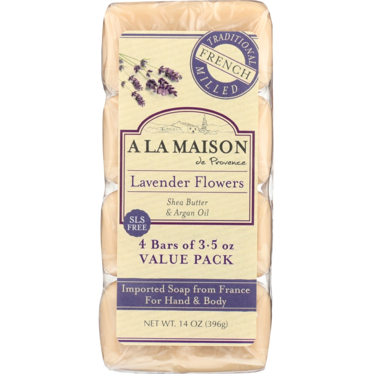 Traditional French Milled Bar Soap Value Pack Lavender Flowers 4 Bars, 14 oz