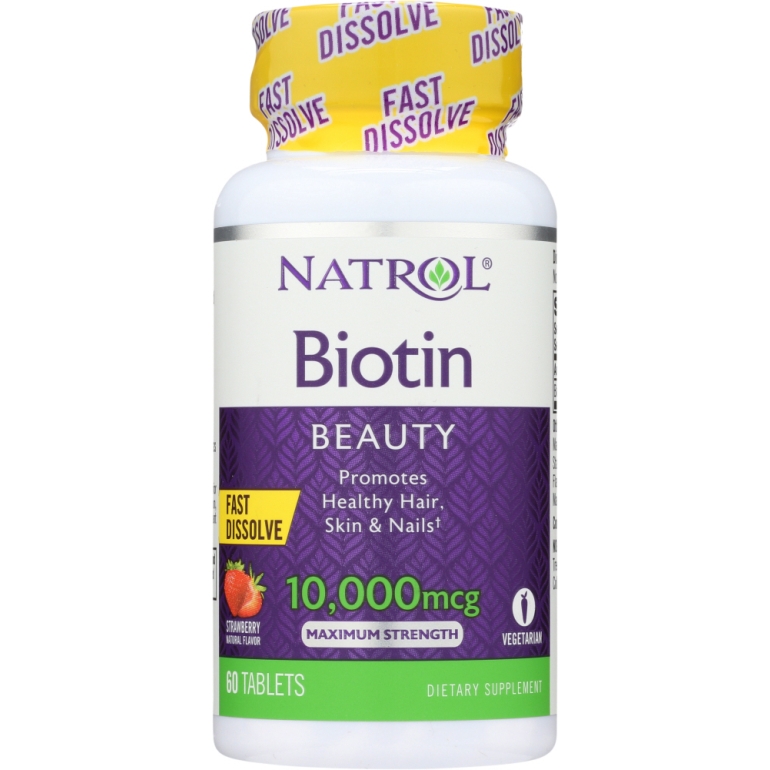 Biotin Fast Dissolve Natural Strawberry Flavor 10,000 mcg, 60 Tablets