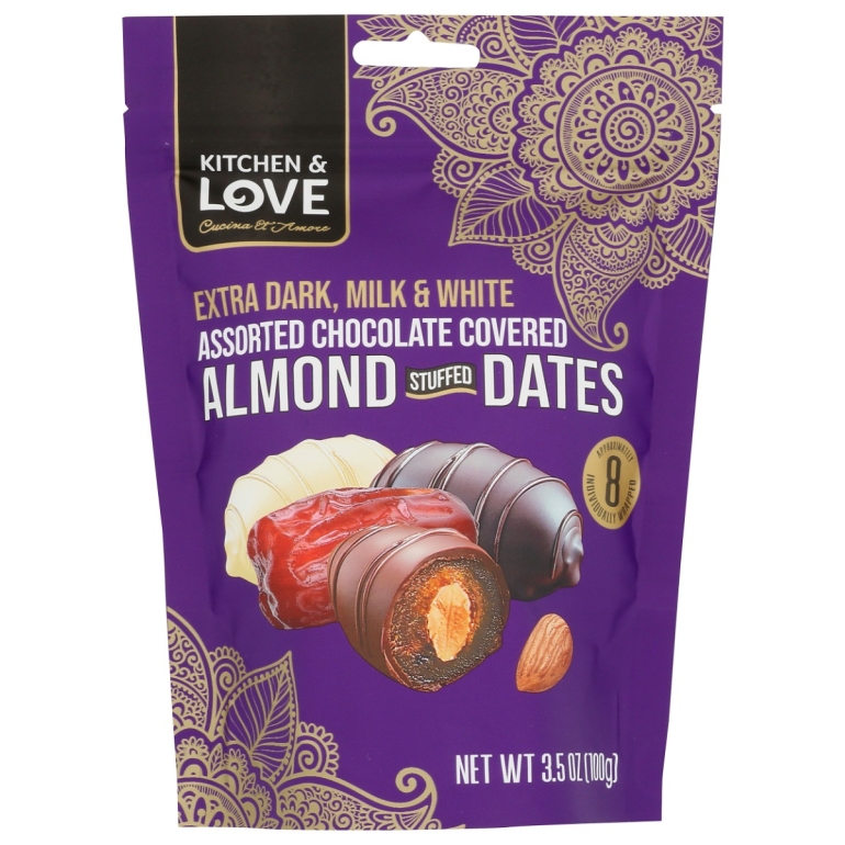 Extra Dark Milk And White Assorted Chocolate Covered Almond Stuffed Dates, 3.5 oz