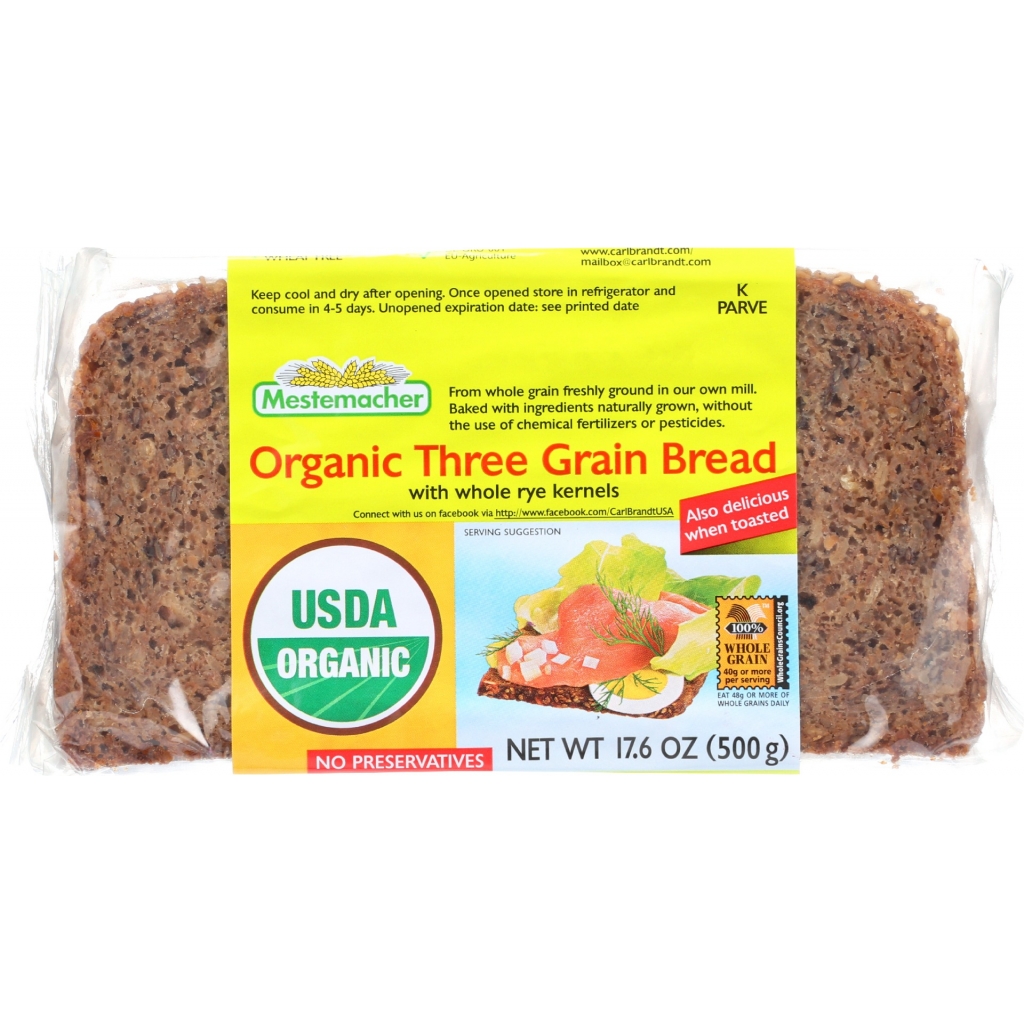 Mestemacher Organic Three Grain Bread, 17.6 oz