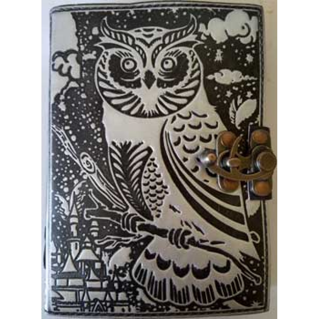 Black/Silver Owl Leather Blank Book with Latch