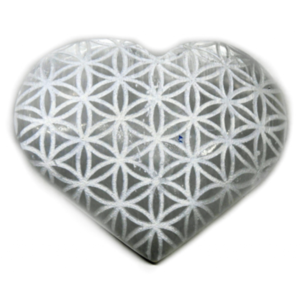 Selenite Heart with Flower of Life Design