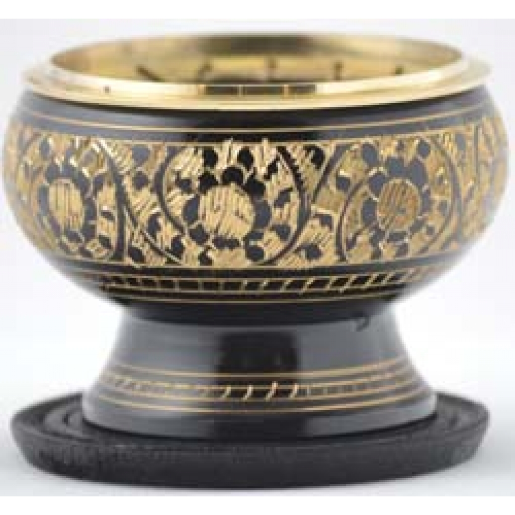 Engraved Brass Incense Burner with Black Coaster - Elegant Design