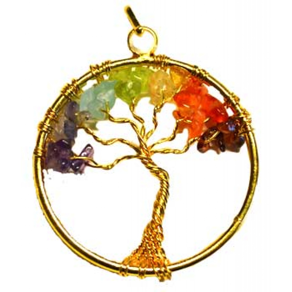 7 Chakra Tree of Life Pendant - Gold Tone