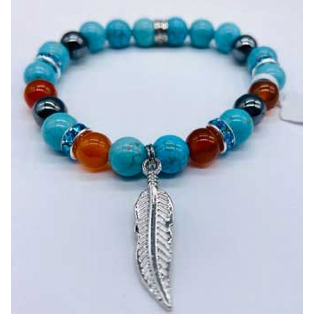 8mm Turquoise, Red Agate & Hematite Bracelet with Feather