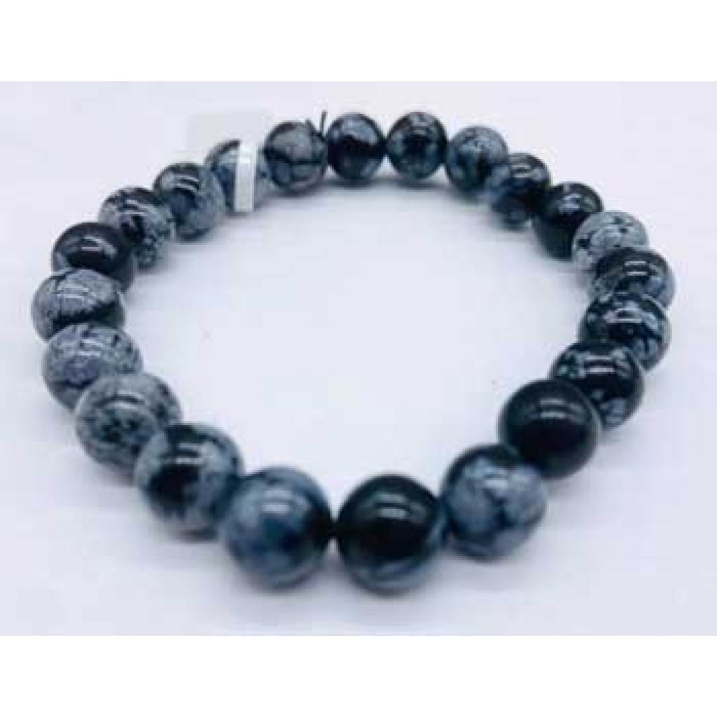 8mm Snowflake Obsidian & Rainbow Moonstone Bracelet - Peace and Protection