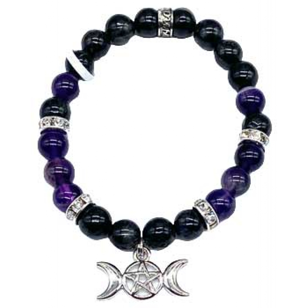 8mm Nuummite and Amethyst Triple Moon Bracelet