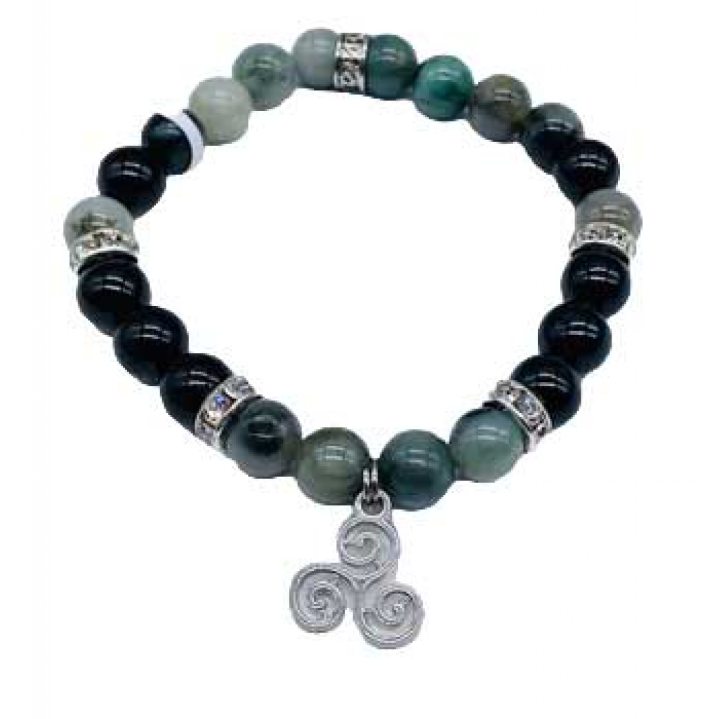 8mm Emerald, Black Tourmaline, Triple Spiral Bracelet