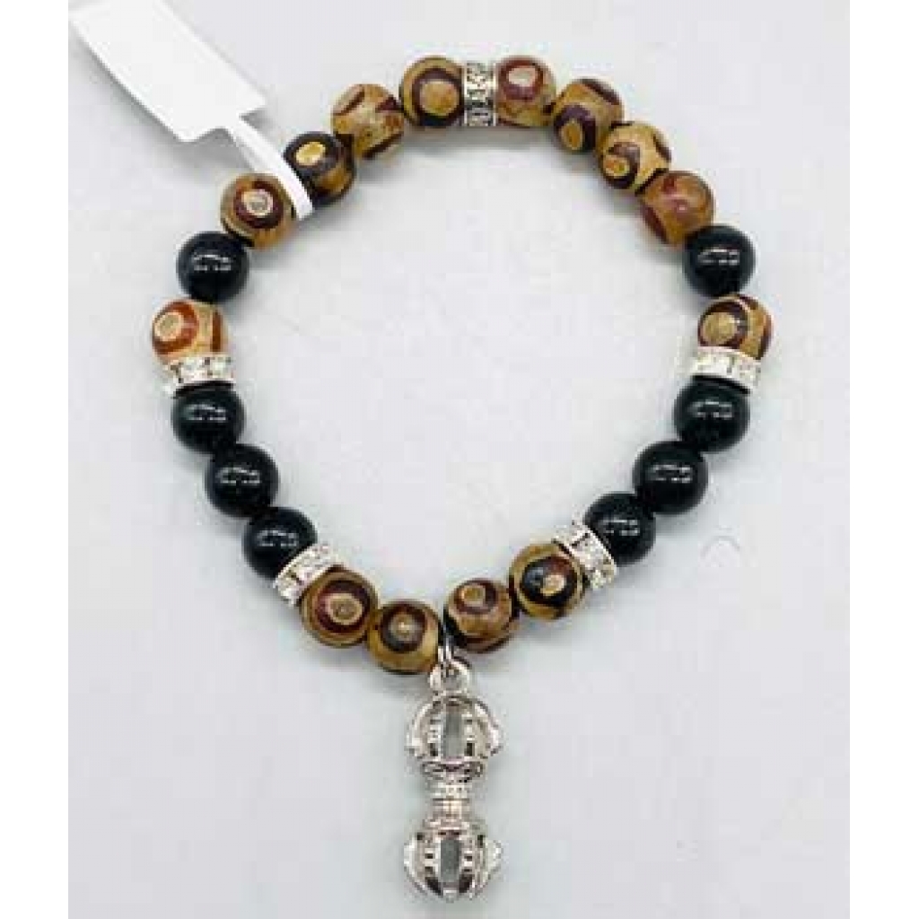 8mm Tibetan Agate and Black Tourmaline Dorjee Bracelet - Protective Energy