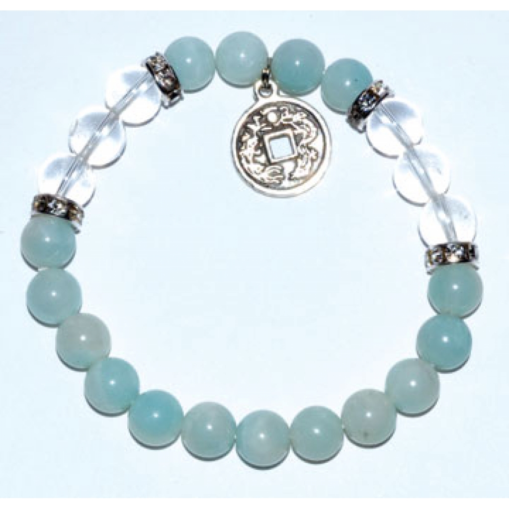 Amazonite & Quartz Bracelet with Chinese Coin - 8mm